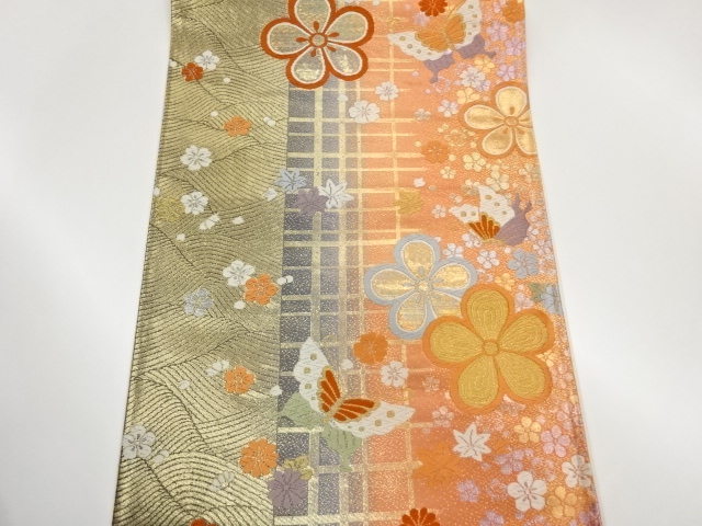  格子に梅・蝶・花々模様織出し袋帯